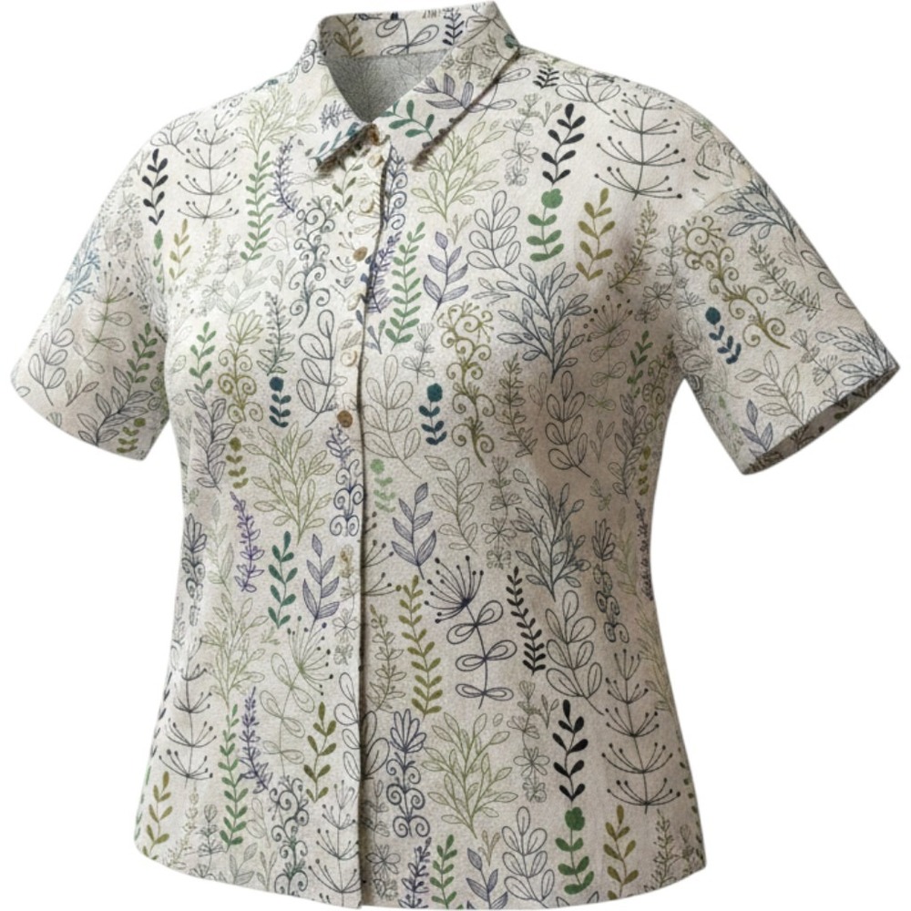 Botanical Print Short Sleeve Button Down Shirt Green Cream 2XL